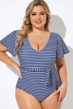 Blue And White Stripe Women One Piece Swimsuit 8 Blue And White Stripe Women One Piece Swimsuit -Trendy Bikini Set Sales Store b deop124005 3