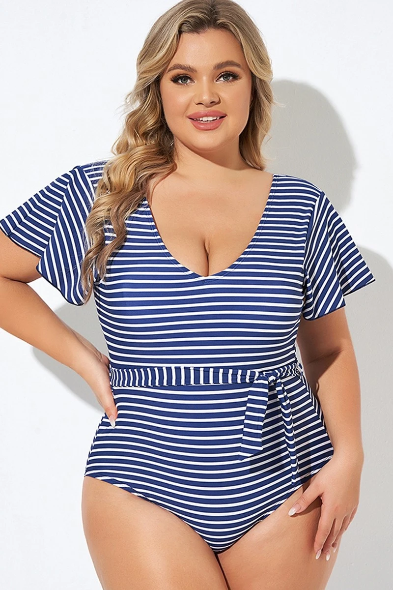 Blue And White Stripe Women One Piece Swimsuit 3 Blue And White Stripe Women One Piece Swimsuit - Image 3