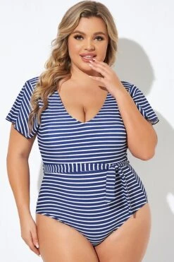 Blue And White Stripe Women One Piece Swimsuit 9 Blue And White Stripe Women One Piece Swimsuit -Trendy Bikini Set Sales Store b deop124005 4