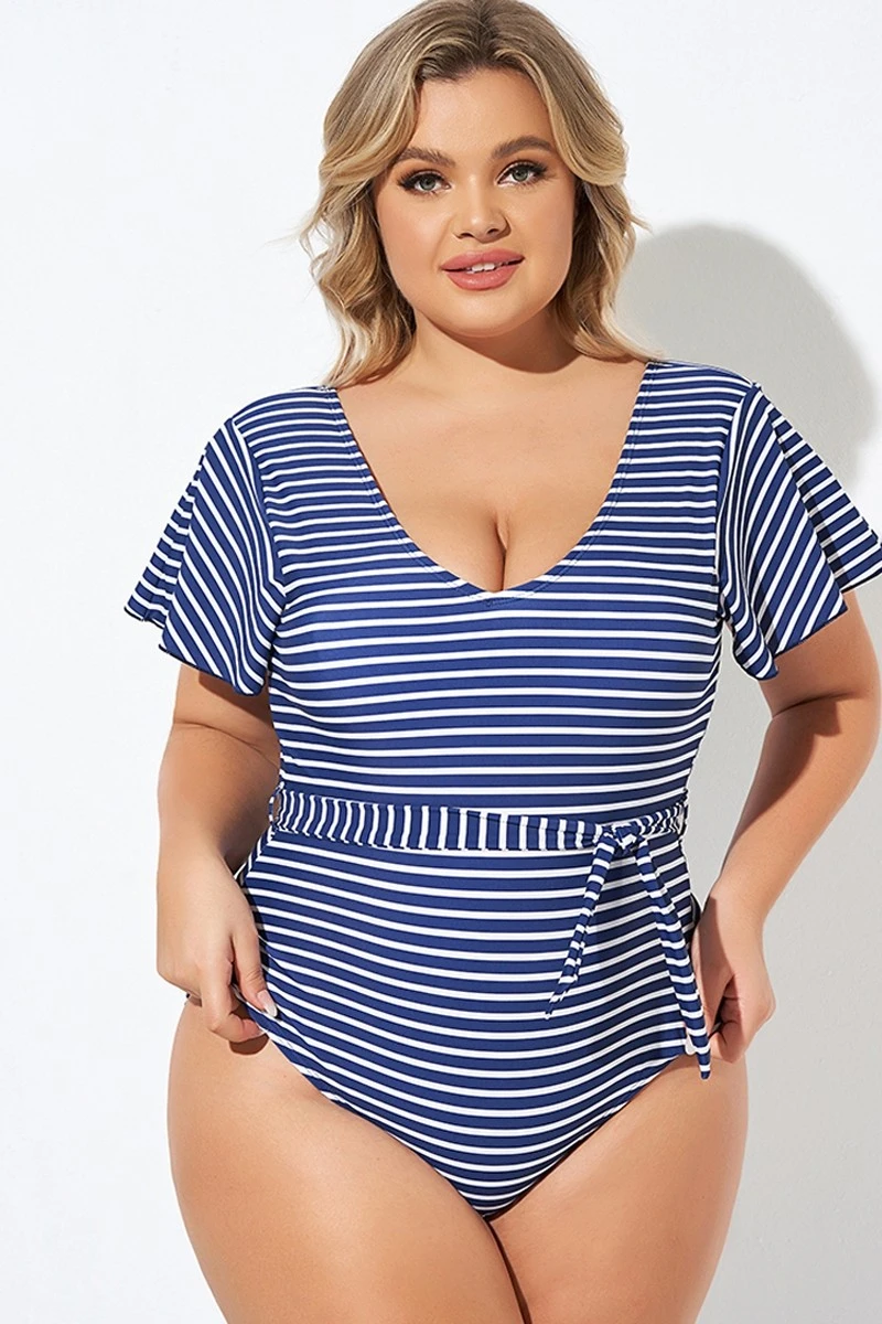 Blue And White Stripe Women One Piece Swimsuit 5 Blue And White Stripe Women One Piece Swimsuit - Image 5