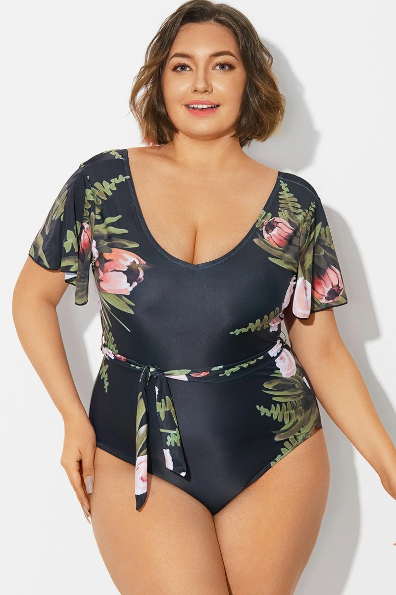Floral Print Ruffle Sleeves One Piece Swimsuit 1 Floral Print Ruffle Sleeves One Piece Swimsuit