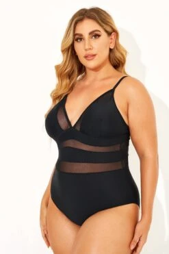 Black Mesh V-neck Women One Piece Swimsuit -Trendy Bikini Set Sales Store b deop145001 2