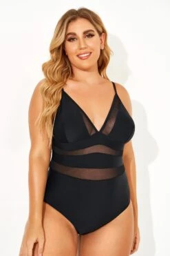Black Mesh V-neck Women One Piece Swimsuit -Trendy Bikini Set Sales Store b deop145001 5