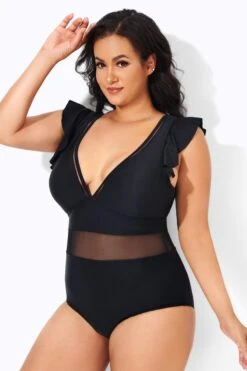 Black Ruffle Plunge V Neck One Piece Swimsuit -Trendy Bikini Set Sales Store b deop164001 2