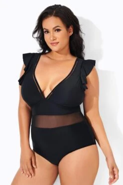 Black Ruffle Plunge V Neck One Piece Swimsuit -Trendy Bikini Set Sales Store b deop164001 4