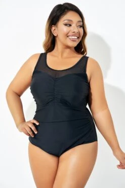 Black Mesh Ruching Tummy Control One Piece Swimsuit -Trendy Bikini Set Sales Store b deop209001 3