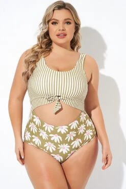 Cactus Stripe Daisy Knotted One Piece Swimsuit