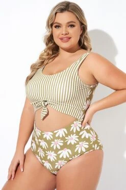 Cactus Stripe Daisy Knotted One Piece Swimsuit -Trendy Bikini Set Sales Store b deop271001 3