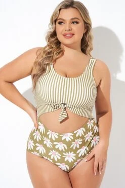 Cactus Stripe Daisy Knotted One Piece Swimsuit -Trendy Bikini Set Sales Store b deop271001 4