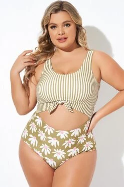 Cactus Stripe Daisy Knotted One Piece Swimsuit -Trendy Bikini Set Sales Store b deop271001 6