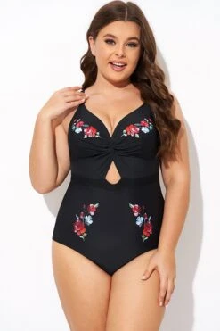 Black Flower Adjustable Straps Cut Out Front One Piece Swimsuit -Trendy Bikini Set Sales Store b deop275001 3