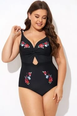 Black Flower Adjustable Straps Cut Out Front One Piece Swimsuit -Trendy Bikini Set Sales Store b deop275001 4