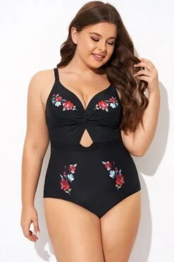 Black Flower Adjustable Straps Cut Out Front One Piece Swimsuit -Trendy Bikini Set Sales Store b deop275001 5