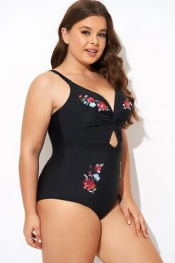 Black Flower Adjustable Straps Cut Out Front One Piece Swimsuit -Trendy Bikini Set Sales Store b deop275001 6
