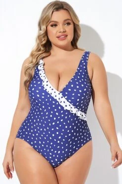 Navy Polka Dot Frill One Piece Swimsuit