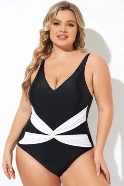 Black And White Twist Front One Piece Swimsuit