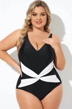 Black And White Twist Front One Piece Swimsuit -Trendy Bikini Set Sales Store b deop285001 4