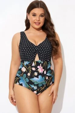 Crewneck Flower Print Polka Dots Knot One Piece Swimsuit 8 Crewneck Flower Print Polka Dots Knot One Piece Swimsuit -Trendy Bikini Set Sales Store b deop297001 3