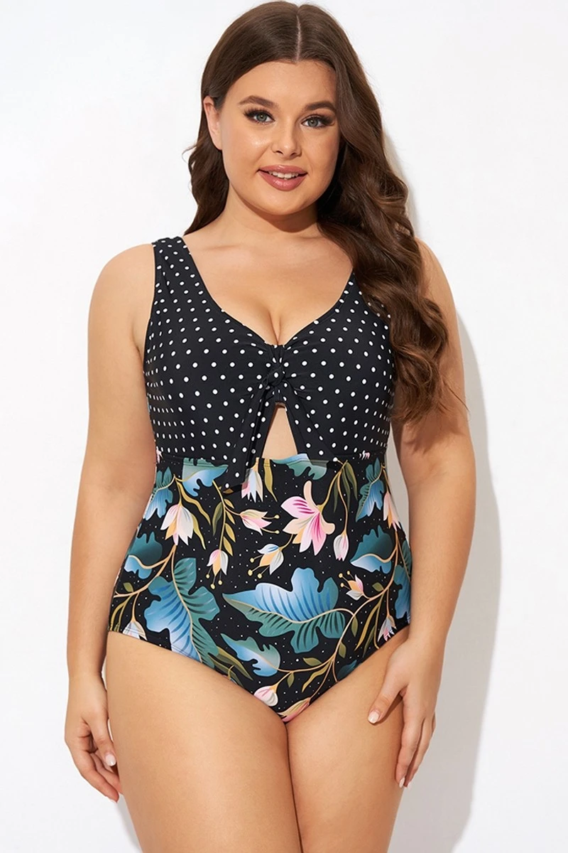 Crewneck Flower Print Polka Dots Knot One Piece Swimsuit 3 Crewneck Flower Print Polka Dots Knot One Piece Swimsuit - Image 3