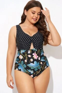 Crewneck Flower Print Polka Dots Knot One Piece Swimsuit 10 Crewneck Flower Print Polka Dots Knot One Piece Swimsuit -Trendy Bikini Set Sales Store b deop297001 5