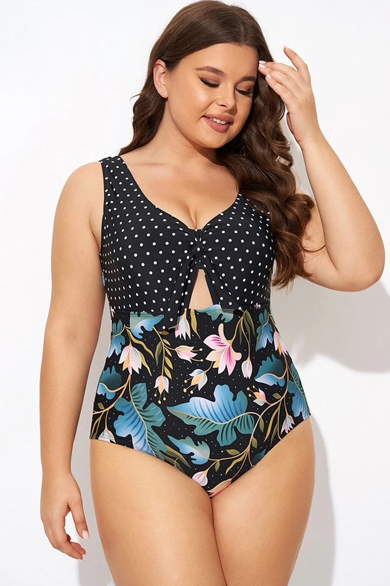 Crewneck Flower Print Polka Dots Knot One Piece Swimsuit 5 Crewneck Flower Print Polka Dots Knot One Piece Swimsuit - Image 5