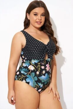 Crewneck Flower Print Polka Dots Knot One Piece Swimsuit 11 Crewneck Flower Print Polka Dots Knot One Piece Swimsuit -Trendy Bikini Set Sales Store b deop297001 6