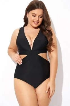 Black Cut Out Plunge Back Hook One Piece Swimsuit -Trendy Bikini Set Sales Store b deop299001 5