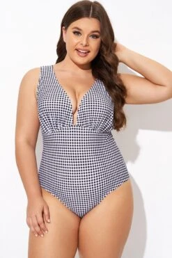 Gingham V-neck Low-cut Leg One Piece Swimsuit -Trendy Bikini Set Sales Store b deop301001 4