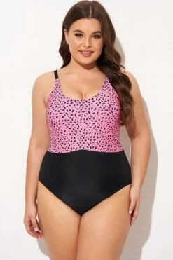 Pink Leopard Print Scoop Neck Front One Piece Swimsuit -Trendy Bikini Set Sales Store b deop306002 3