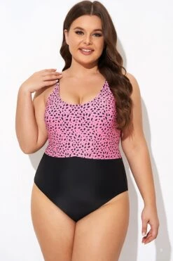 Pink Leopard Print Scoop Neck Front One Piece Swimsuit -Trendy Bikini Set Sales Store b deop306002 4