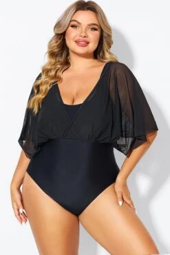 Solid Black Mesh Patchwork One Piece Swimsuit -Trendy Bikini Set Sales Store b deop310001 4