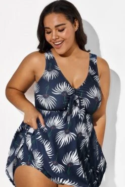 Dusty Blue Floral Print V-Neck Swimdress -Trendy Bikini Set Sales Store b desd001009 22