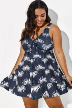 Dusty Blue Floral Print V-Neck Swimdress -Trendy Bikini Set Sales Store b desd001009 44