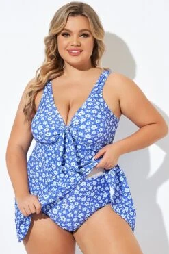 Floral Printed Tie Front V-Neck Swimdress -Trendy Bikini Set Sales Store b desd001012 3