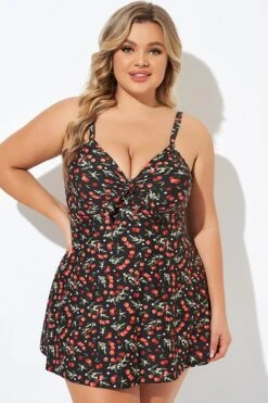 Cherry Printed Adjustable Straps V Neck Swimdress 8 Cherry Printed Adjustable Straps V Neck Swimdress -Trendy Bikini Set Sales Store b desd006009 3