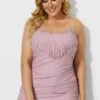 Solid Pink Fringe Ruffle Hem Bandeau Swimdress