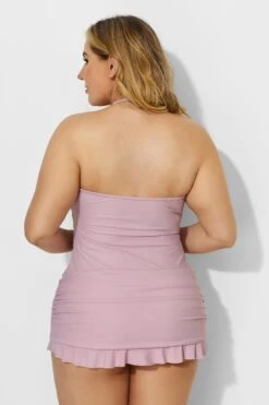 Solid Pink Fringe Ruffle Hem Bandeau Swimdress -Trendy Bikini Set Sales Store b desd033001 3