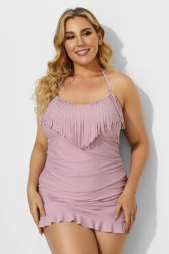 Solid Pink Fringe Ruffle Hem Bandeau Swimdress -Trendy Bikini Set Sales Store b desd033001 4