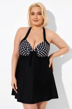 Fashion Black Dot Vintage Drawstring Closure Swimdress -Trendy Bikini Set Sales Store b desd081001 4