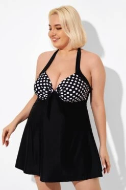 Fashion Black Dot Vintage Drawstring Closure Swimdress -Trendy Bikini Set Sales Store b desd081001 6