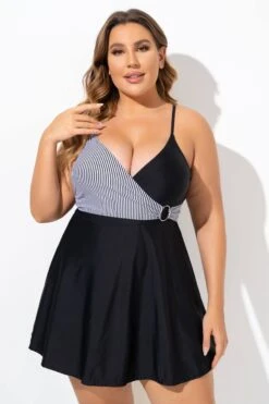 Black And White V-Neck Striped Wrap Swimdress -Trendy Bikini Set Sales Store b desd094001 4