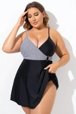 Black And White V-Neck Striped Wrap Swimdress -Trendy Bikini Set Sales Store b desd094001 5