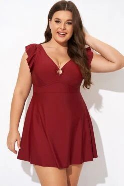 Red V-neckline Frilled Cap Sleeves Swimdress 11 Red V-neckline Frilled Cap Sleeves Swimdress -Trendy Bikini Set Sales Store b desd111001 4