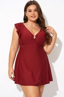 Red V-neckline Frilled Cap Sleeves Swimdress 9 Red V-neckline Frilled Cap Sleeves Swimdress -Trendy Bikini Set Sales Store b desd111001 5