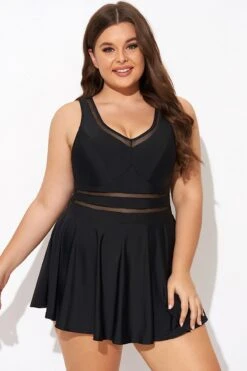 Black V-neck Wide Strap Crochet Detail Swimdress 9 Black V-neck Wide Strap Crochet Detail Swimdress -Trendy Bikini Set Sales Store b desd113001 1