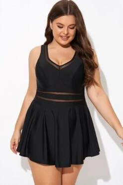 Black V-neck Wide Strap Crochet Detail Swimdress 10 Black V-neck Wide Strap Crochet Detail Swimdress -Trendy Bikini Set Sales Store b desd113001 4