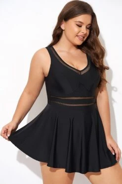 Black V-neck Wide Strap Crochet Detail Swimdress 11 Black V-neck Wide Strap Crochet Detail Swimdress -Trendy Bikini Set Sales Store b desd113001 6