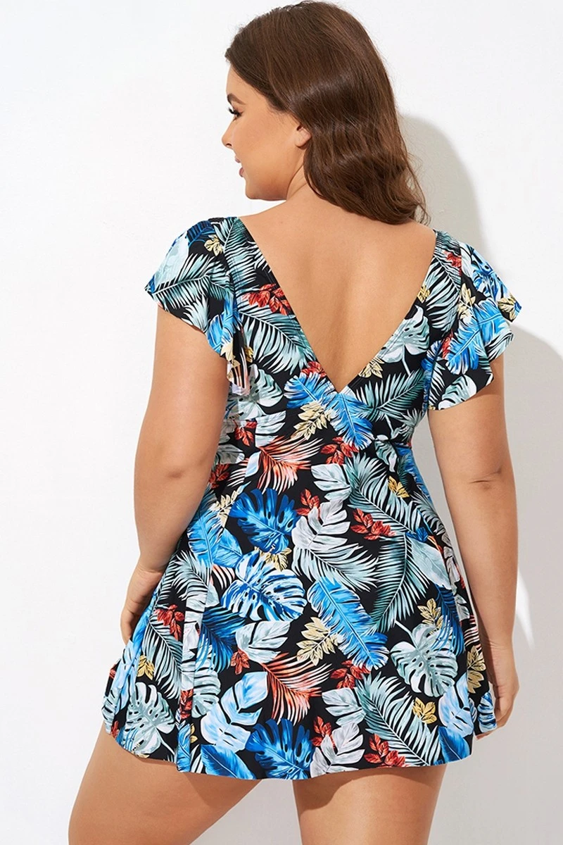 Leaf Print V-neckline Angel Sleeve Swimdress 2 Leaf Print V-neckline Angel Sleeve Swimdress - Image 2