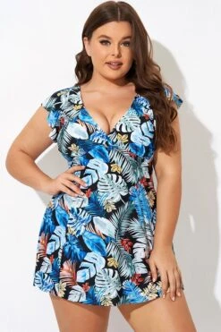 Leaf Print V-neckline Angel Sleeve Swimdress 11 Leaf Print V-neckline Angel Sleeve Swimdress -Trendy Bikini Set Sales Store b desd116001 4