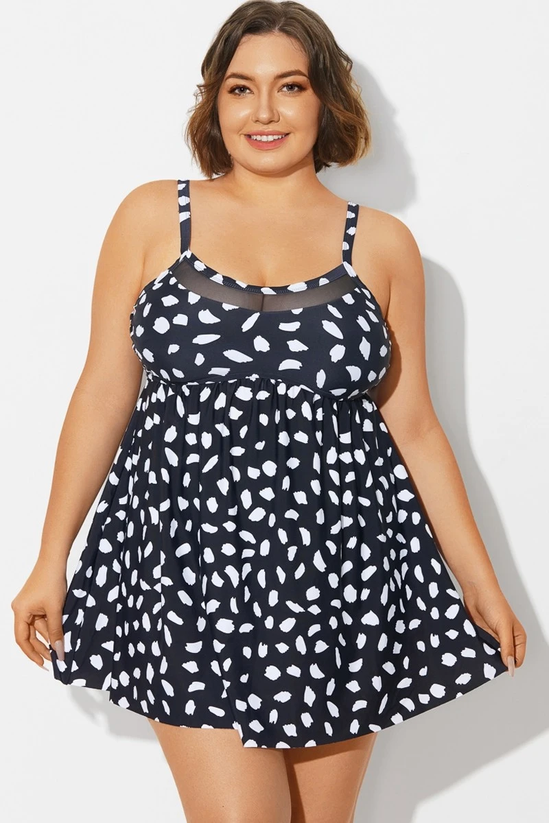 White Polka Dots Print Mesh Panel Swimdress 1 White Polka Dots Print Mesh Panel Swimdress